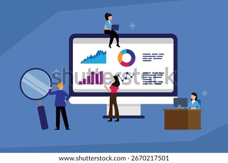 A team of business professionals analyzing data and charts on a large computer screen, symbolizing data analysis, business intelligence, and teamwork 2d flat vector illustration