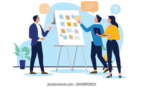Team of business professionals brainstorming and planning ideas on a whiteboard with sticky notes, surrounded by speech bubbles and a question mark. Flat design vector illustration