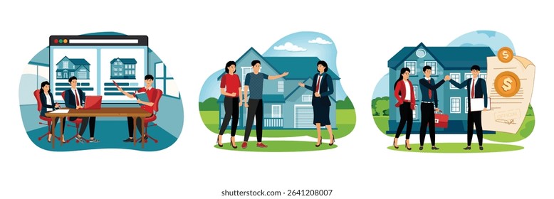 A team of business professionals discussing real estate options. A real estate agent presenting a house to a couple. Real estate agents and a client shaking hands outside a residential property.