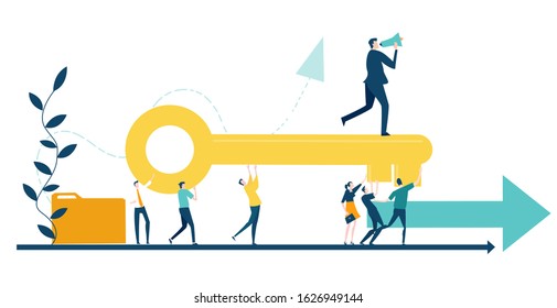 Team of business proper caring golden key as symbol of working together, team achievement and delivery the deal. Business concept illustration 