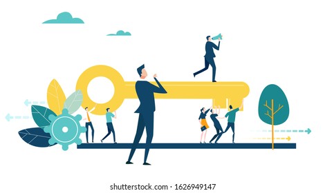 Team of business proper caring golden key as symbol of working together, team achievement and delivery the deal. Business concept illustration 