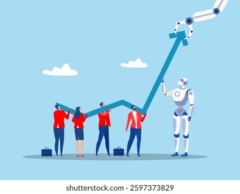 Team Business and robot or ai Artificial Intelligence help grow rising arrow chart partnership to develop Growth strategy or improve work efficiency concept