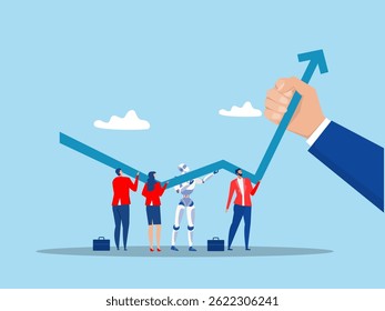 Team Business and robot or ai Artificial Intelligence help grow rising arrow chart partnership to develop Growth strategy or improve work efficiency concept