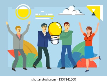 Team, business startup, teamwork, brainstorm. People carry big idea light bulb. Poster for social media, web page, banner, presentation. Flat design vector illustration