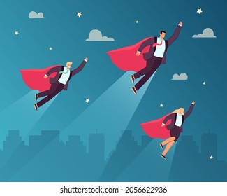 Team Of Business Superheroes Flying Into Sky. Powerful Of Female And Male Super Heroes With Red Capes And Suits In Action Flat Vector Illustration. Professional Businessman, Strong Leader Concept