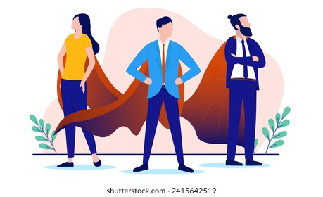 Team of business superheroes - Three businesspeople with cape standing proud and strong together. Flat design vector illustration with white background