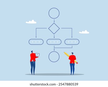 Team business workflow process with sticky notes creating optimization scheme, flowchart to get result, Strategy to implement concept, Strategic planning, Business plan