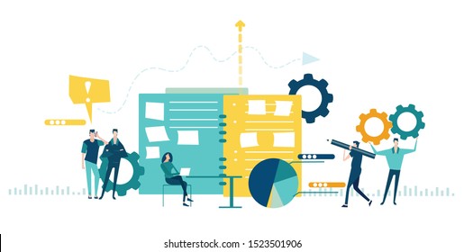 Team Of Business Working In Office. Global Business, Logistics, Developing And Support Concept Illustration