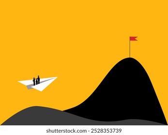 team Businessman driving a paper rocket to the flag of victory