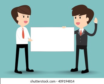 team businessman holding empty board concept of presentation