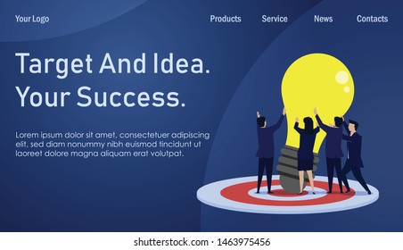 Team of businessman and woman try to enforce the idea together on the targeted floor. Business Landing Page Template.
