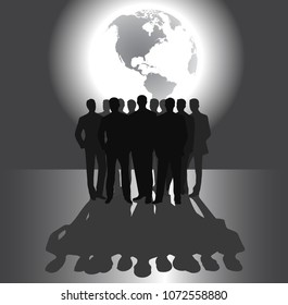 Team of businessmen against  background  of the planet.