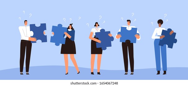 A team of businessmen can not connect puzzles. The concept of poor teamwork, communication and friendship. Young men and women don't understand each other