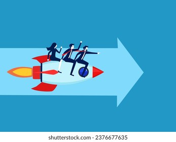 team of businessmen controls a rocket flying along the arrow pointing forward