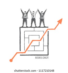 A team of businessmen decided a puzzle. Vector business concept illustration, hand drawn sketch.