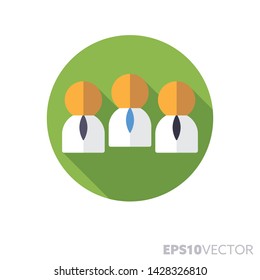 Equipo de hombres de negocios icono de diseño plano. Símbolo de color del trabajo en equipo y la gestión. Ilustración vectorial de sombra larga en un círculo aislado sobre fondo blanco.