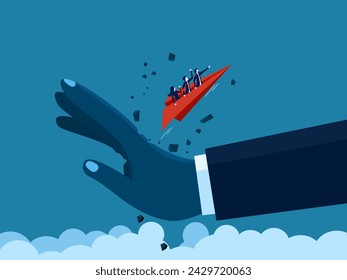 team of businessmen flies in paper airplanes, destroying business competitors 