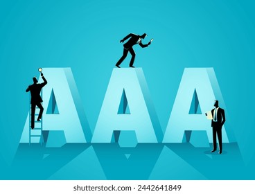 Team of businessmen inspecting AAA symbol, In finance, AAA denotes the top credit rating for bonds, signifying the highest quality and lowest credit risk, vector illustration