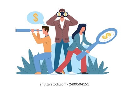 Team of businessmen looking for money. Man and woman hold telescope magnifier and binoculars. Company employee teamwork. Finding investment cartoon flat isolated finance vector concept