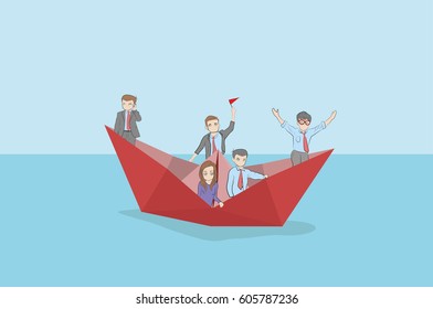 A team of businessmen on a paper ship. Hand drawn cartoon vector illustration for business design. vector illustration.