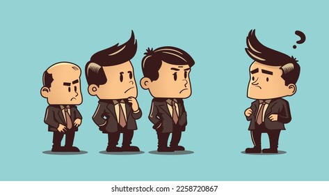 Team of businessmen with one of them beeing judged. Vector illustration