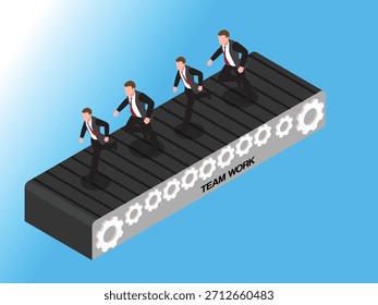 Equipo de hombres de negocios que tiran de la Grande flecha roja hacia la meta 3d Ilustración vectorial isométrica
