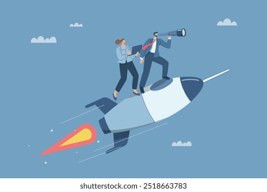 A team of businessmen riding rockets looking through binoculars, Business concepts for development and moving forward to success, Business team with a vision to achieve goals. Vector design.
