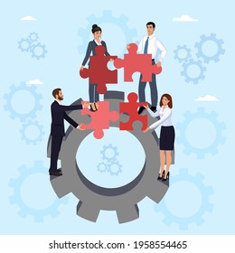 A team of businessmen solves a puzzle during the workflow.