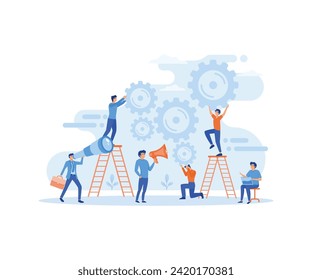 Team of businessmen working with gears or industrial wheels in business or corporate cooperation concept. flat vector modern illustration 