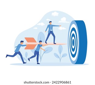 Team of Businesspeople Carrying Big Arrows with Businessman Standing on It Running to Big Target. flat vector modern illustration 