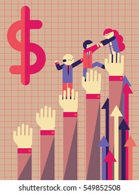 A team of businesspeople climb a graph 