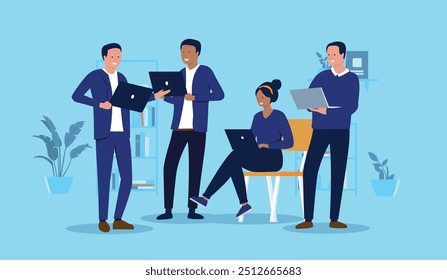 Team of businesspeople with computers - Four people in business office working on laptops together, smiling and enjoying work. Teamwork and togetherness concept in flat design vector illustration