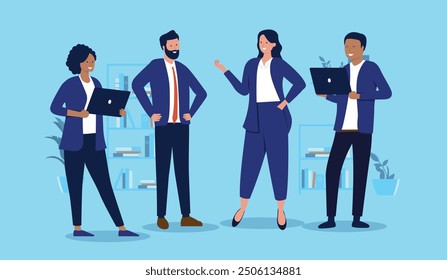 Team of businesspeople - Group of professional people in business white collar worker clothes standing, talking and discussing work in office holding computers. Flat design vector illustration