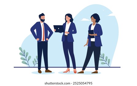 Equipo de empresarios - Grupo de tres personas profesionales en los negocios de pie usando computadoras sonriendo y hablando. Ilustración vectorial de diseño plano con fondo blanco