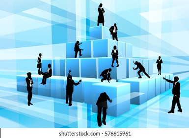 A team of businesspeople silhouettes working together making a structure of giant building blocks. Concept for teamwork 