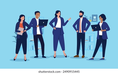 Team of businesspeople talking - Teamwork concept vector illustration of five people doing business and having discussion on corporate business office workplace. Flat design with blue background