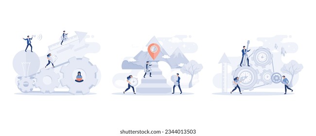 Team of businesspeople working with industrial gears or cogs in a concept of business, thinking about creative idea, workers couple rotating cogwheels teamwork process