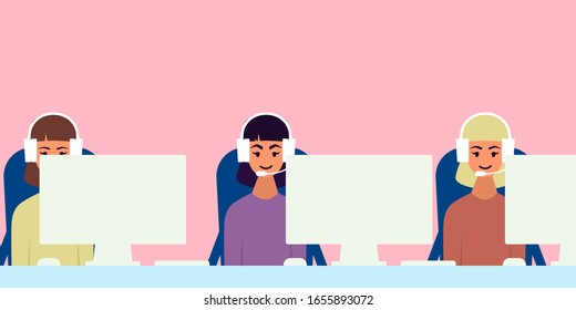Team of call center workers in the office. Flat design. Vector illustration