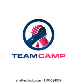 Team Camp logo with tent and starry night and Holding hands logo