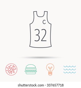 Team captain icon. Basketball shirt sign. Sport clothing symbol. Global connect network, ocean wave and burger icons. Lightbulb lamp symbol.