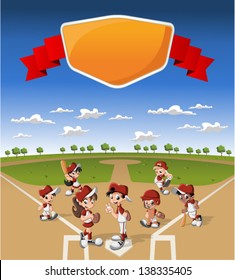 Team of cartoon children wearing uniform playing baseball on green field