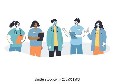 Team Of Cartoon Hospital Or Clinic Staff In Masks. Group Of Male And Female Doctors In Uniform, Nurses, Medical Professionals Flat Vector Illustration. Health, Healthcare, Medicine, Profession Concept