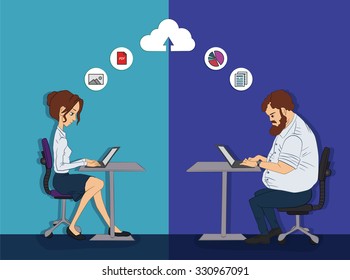 Team of cartoon man and woman. Collaborating on hackathon. Cloud technology for remote worker. Collaborating of workers with cloud service and technology. Collaborating remote of backend as a service 
