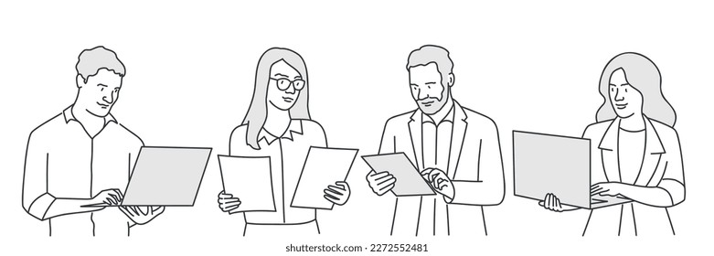 Team of casual business men and woman working on laptop, with documents, tablet. Hand drawn vector illustration.