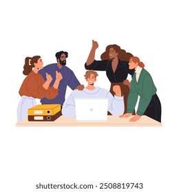 Team celebrates business success, corporate win. Coworkers congratulate with work achievement. Happy people gesture, employees rejoice together. Flat isolated vector illustration on white background