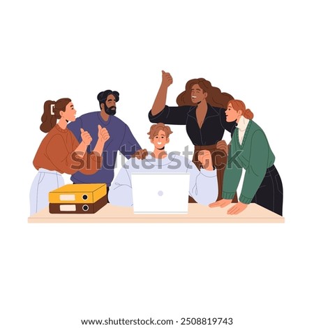 Team celebrates business success, corporate win. Coworkers congratulate with work achievement. Happy people gesture, employees rejoice together. Flat isolated vector illustration on white background