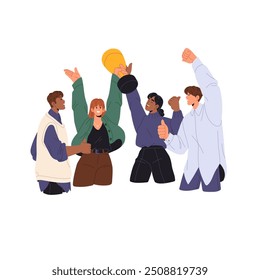 El Equipo celebra la victoria, tiene un trofeo. Los compañeros de trabajo se alegran del éxito empresarial. La gente feliz se entrega por el logro del trabajo corporativo. Los empleados mejor tratan juntos. Ilustración vectorial aislada plana en blanco