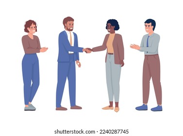 Team celebrating effective collaboration semi flat color vector characters. Editable figures. Full body people on white. Simple cartoon style illustration for web graphic design and animation