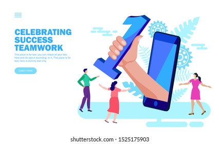 Team celebrating with number 1 app happily vector illustration