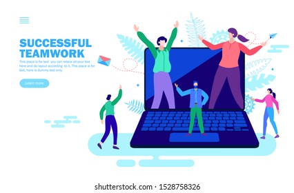 team celebrating success with computer concept vector illustration